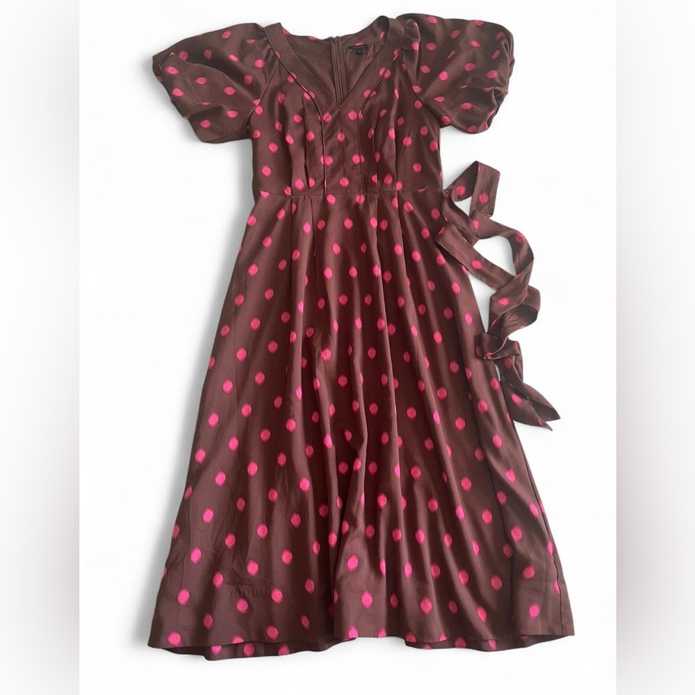 Pre-owned - Ann Taylor Dotted Puff Sleeve Belted Flare Dress